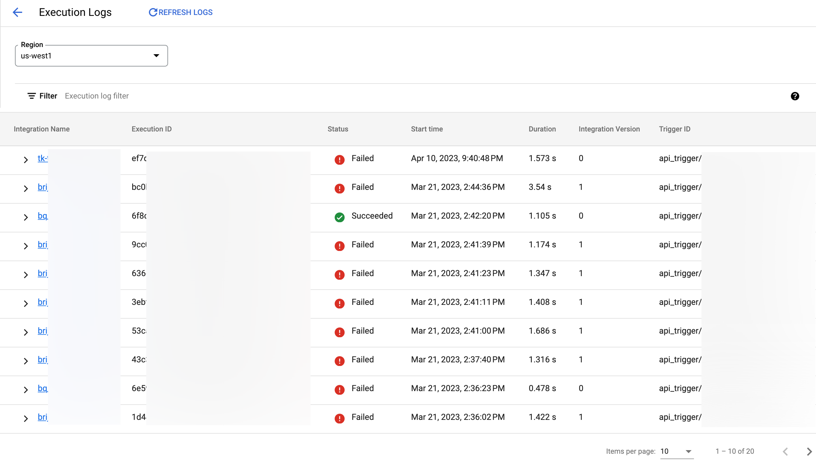 image showing the Apigee Integration Execution Logs page