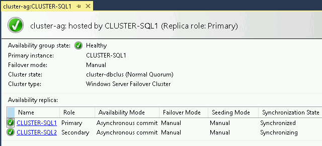 SQL Server Management Studio shows the Synchronization State for the availability group.
