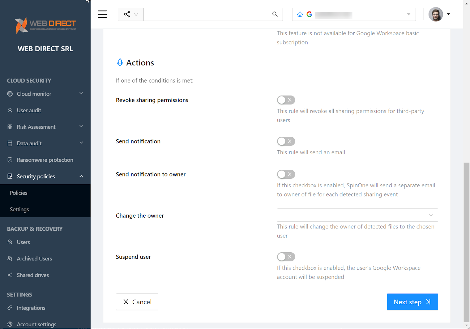 Screenshot of Policy actions window.