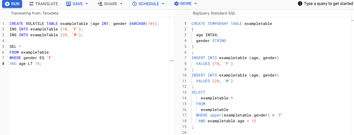 Displays a Teradata SQL query translated into GoogleSQL