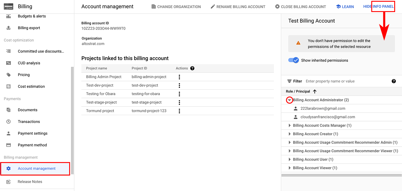 Account management page showing the Info panel.