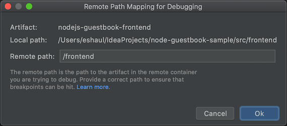 Remote path mapping dialog for each artifact specifying remote path being used