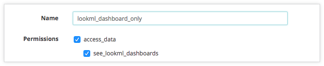 LookML dashboard-only user permission set with only the access_data and see_lookml_dashboards permissions selected.
