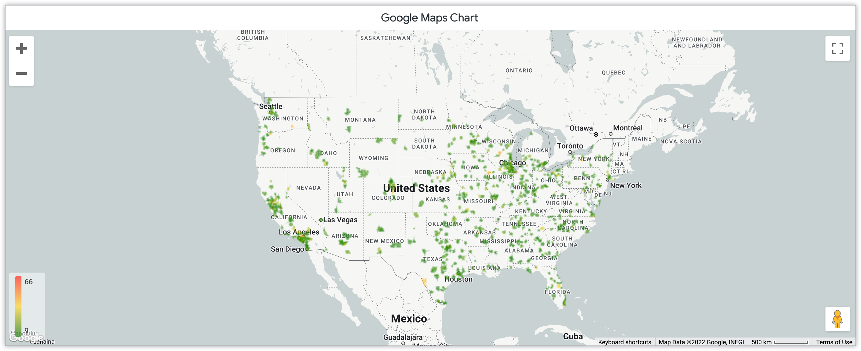 Heatmap Google Maps chart showing the amount of products sold per month in zip codes in the United States.