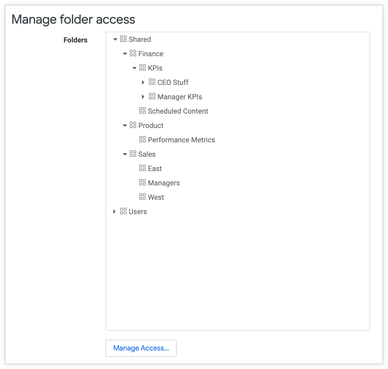 The Shared folder contains Finance, Product, and Sales folders, which contain folders for their departments' use.