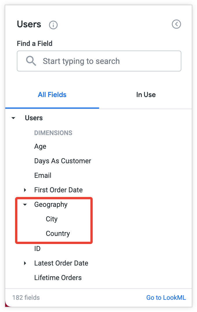 The City and Country dimensions are grouped under the label Geography in the field picker.