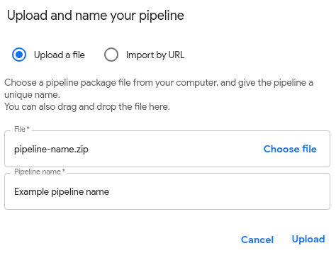 'Upload and name your pipeline' form