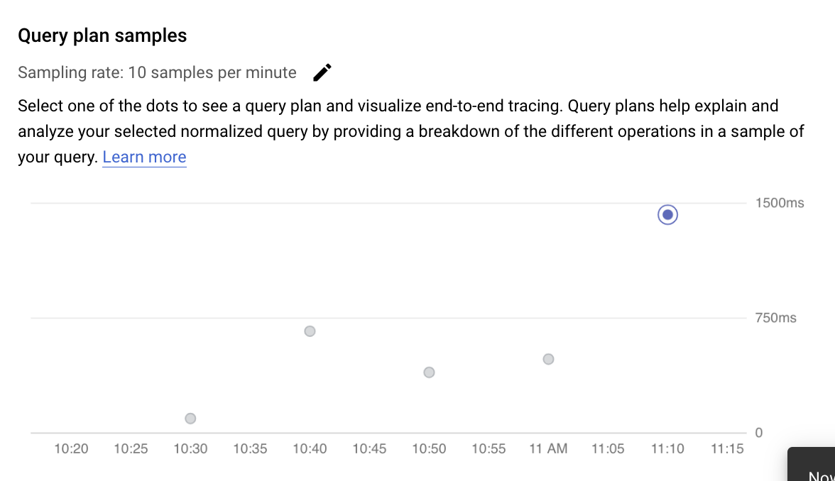 Shows a graph for sample query plans, with the time when they
         were run at the bottom of the graph (x axis), and the number of seconds
         they ran on the right (y axis).