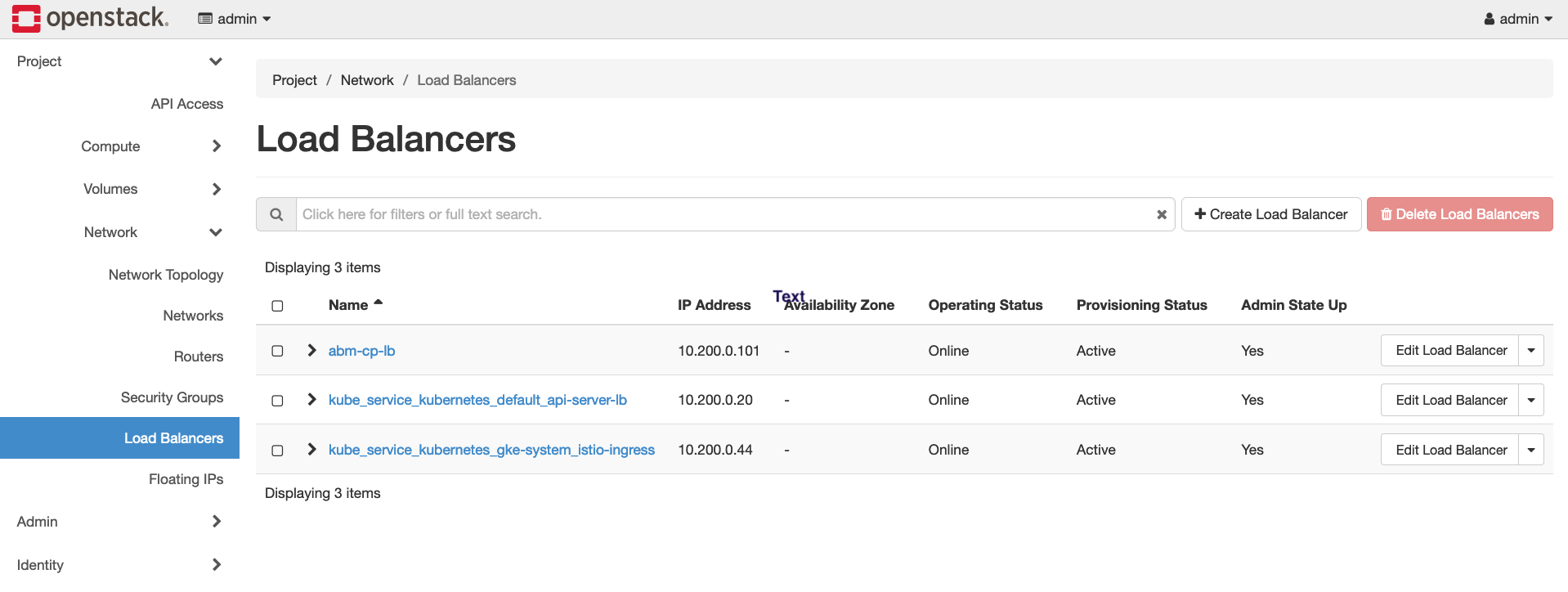 LoadBalancer's provisioned by the Anthos clusters on bare metal viewd from the OpenStack UI