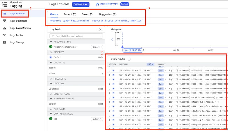 The output of the query displays the console logs