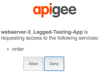 Consent page where sample app is requesting to Order with Allow and Deny buttons.