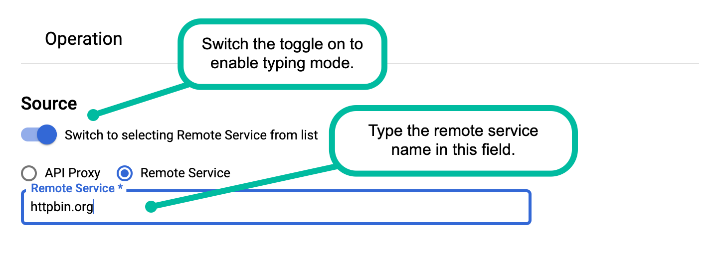 The Remote Service radio button is selected, toggle enabling manual text entry is enabled, and the remote service httpbin.org is entered in the Remote Service field.