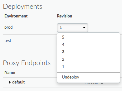 Deployments section of the API proxy details with 
      the drop-down menu selected for the test environment.
