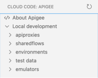 Apigee Explorer showing Apigee workspace folders, including apiproxies, sharedflows, environments, and tests.