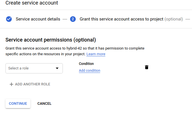 Create service account with no permissions selected