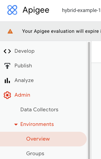 Menu da IU do híbrido da Apigee mostrando &quot;Administrador&quot;, &quot;Ambientes&quot; e &quot;Visão geral&quot; expandido