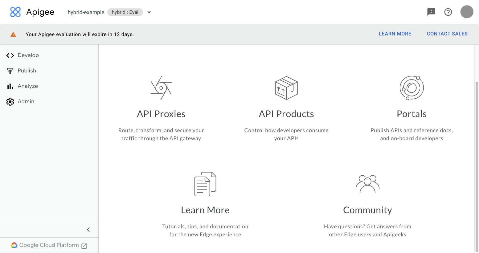 Page de destination dans l'interface utilisateur d'Apigee, composée du volet de navigation à gauche et de grandes images qui constituent des liens.