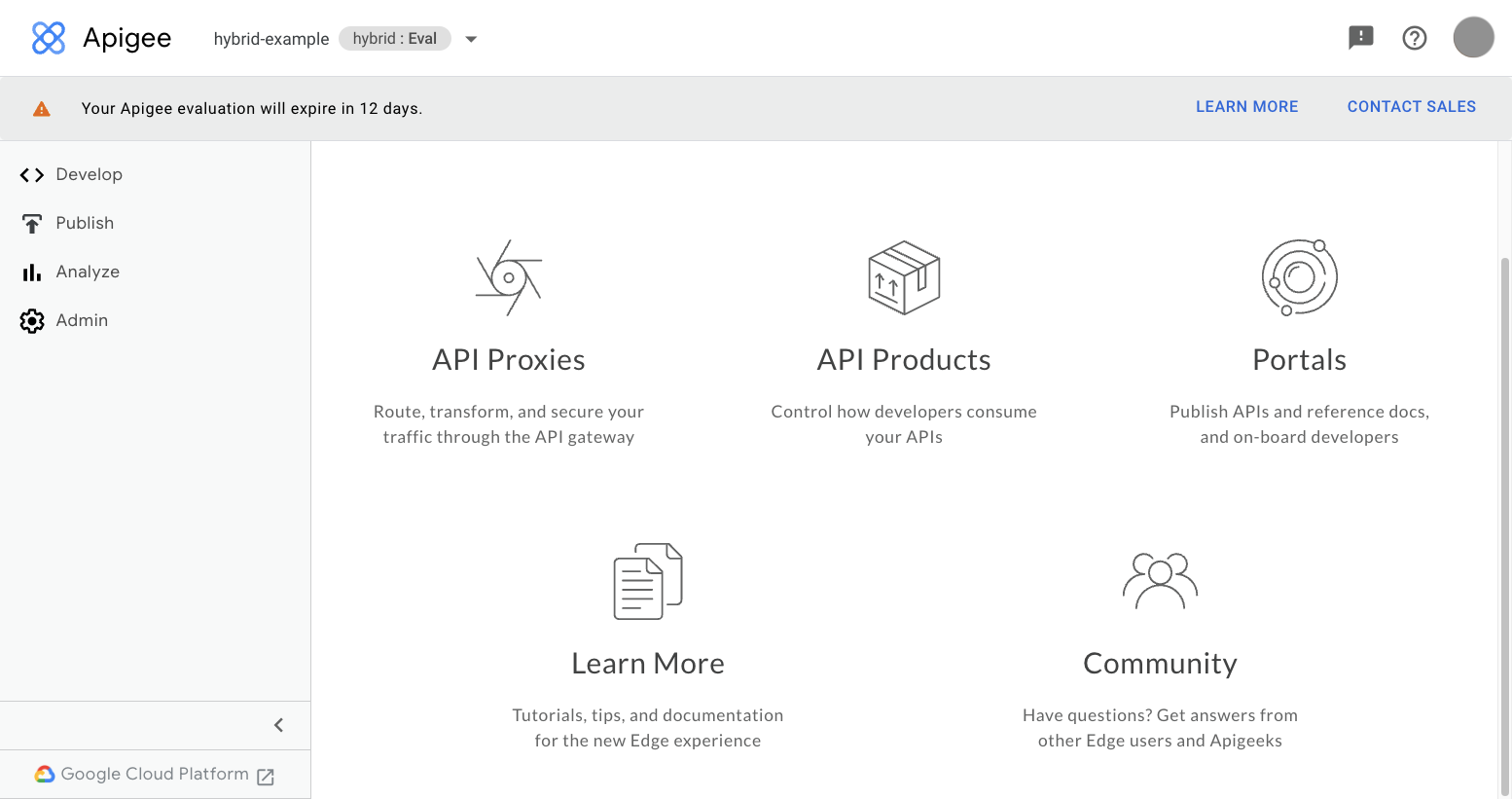 Apigee UI 中的到達網頁，包含左側導覽和連結的大型圖片。