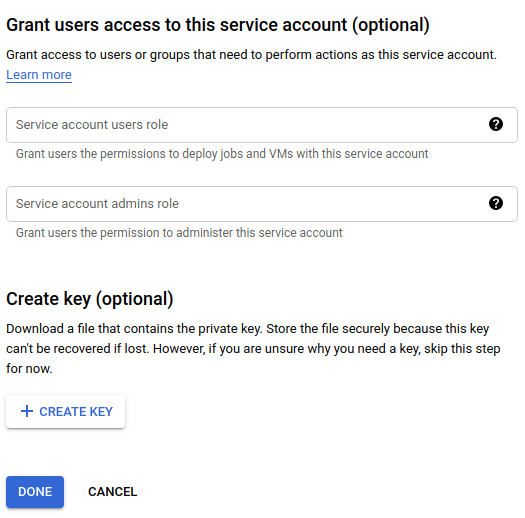 Fields for Service account users role and Service account admins role, button for Create key