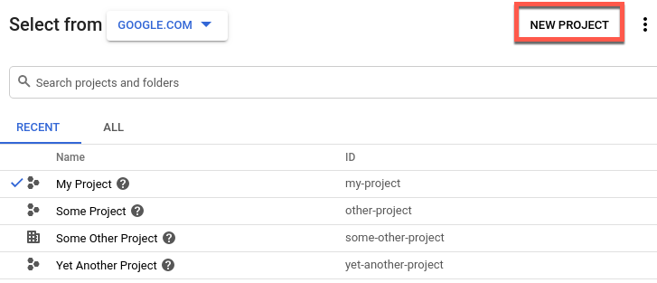 Google Cloud project selector with new project option highlighted.