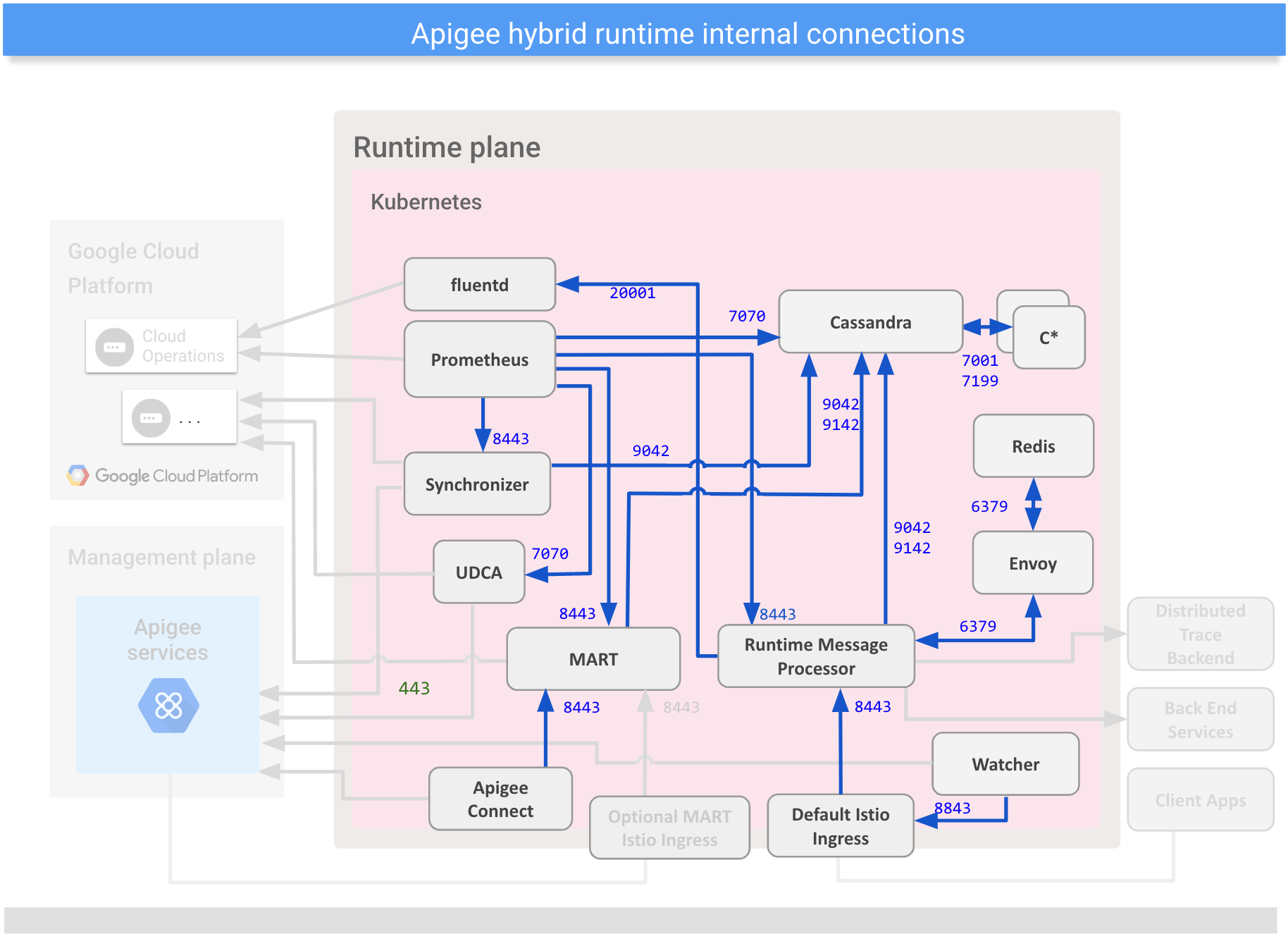 Shows connections
between internal components on the hybrid runtime plane