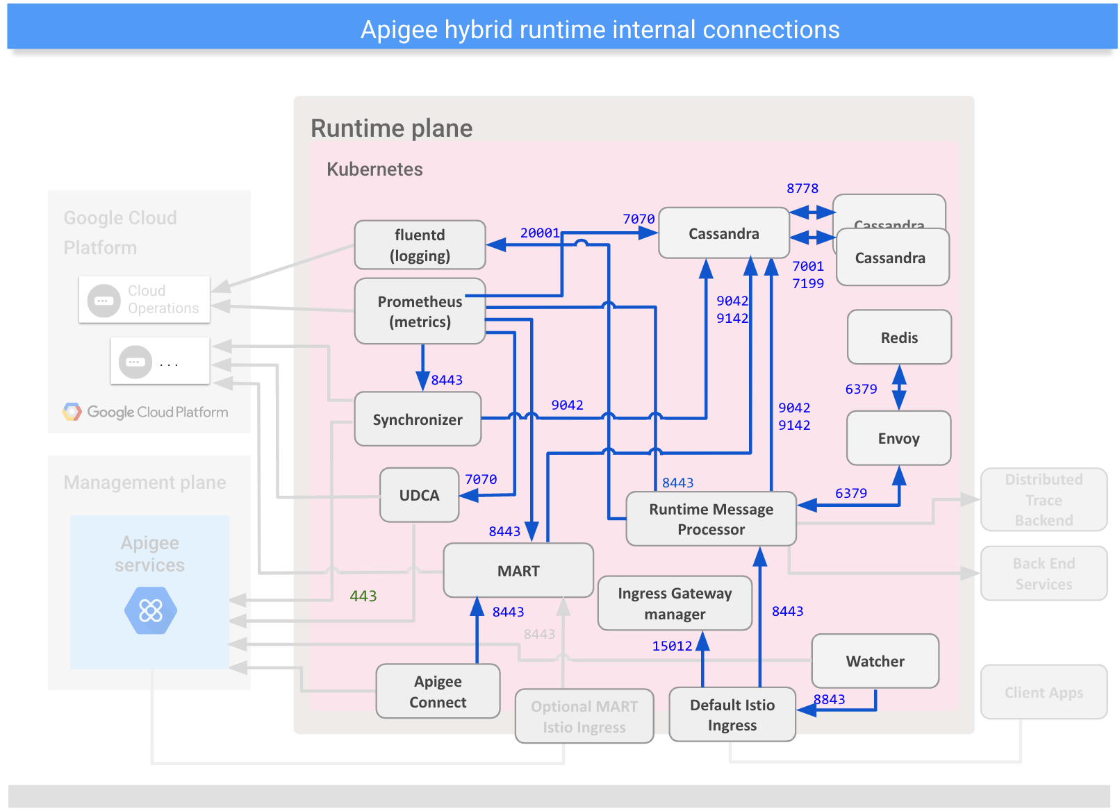 Shows connections
between internal components on the hybrid runtime plane