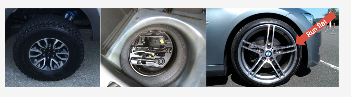 3 photos of car flat-tire scenarios: no spare; a spare with tools; a run-flat tire.