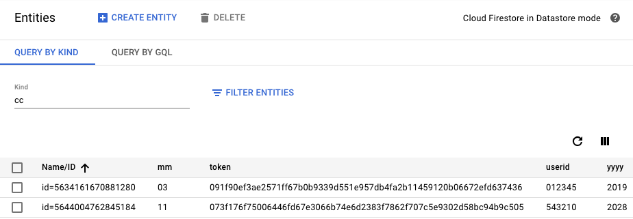 Successfully tokenized payment cards (cipher field not shown)