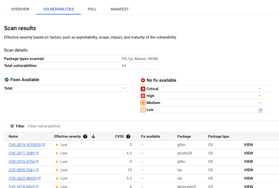 Captura de tela da seção &quot;Resultados da verificação&quot; com vulnerabilidades, correções e gravidade eficaz