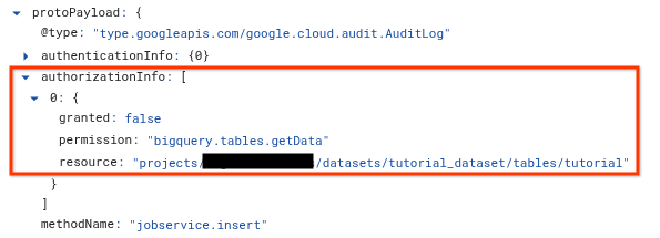 Es la sección authorizationInfo del protoPayload que muestra el permiso, el recurso y el principalEmail.