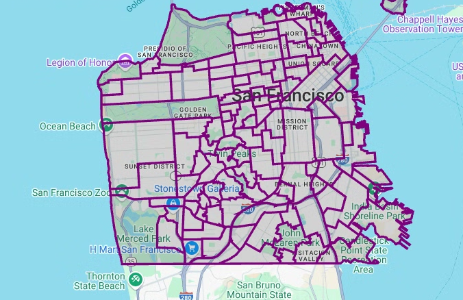 Los polígonos renderizados del conjunto de datos Barrios de San Francisco.