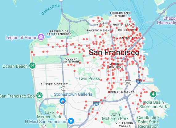 El gráfico de dispersión renderizado de las estaciones de bicicletas compartidas.