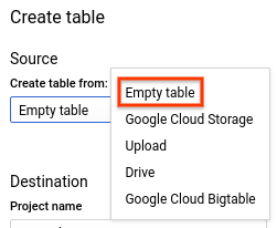 Create table from option.