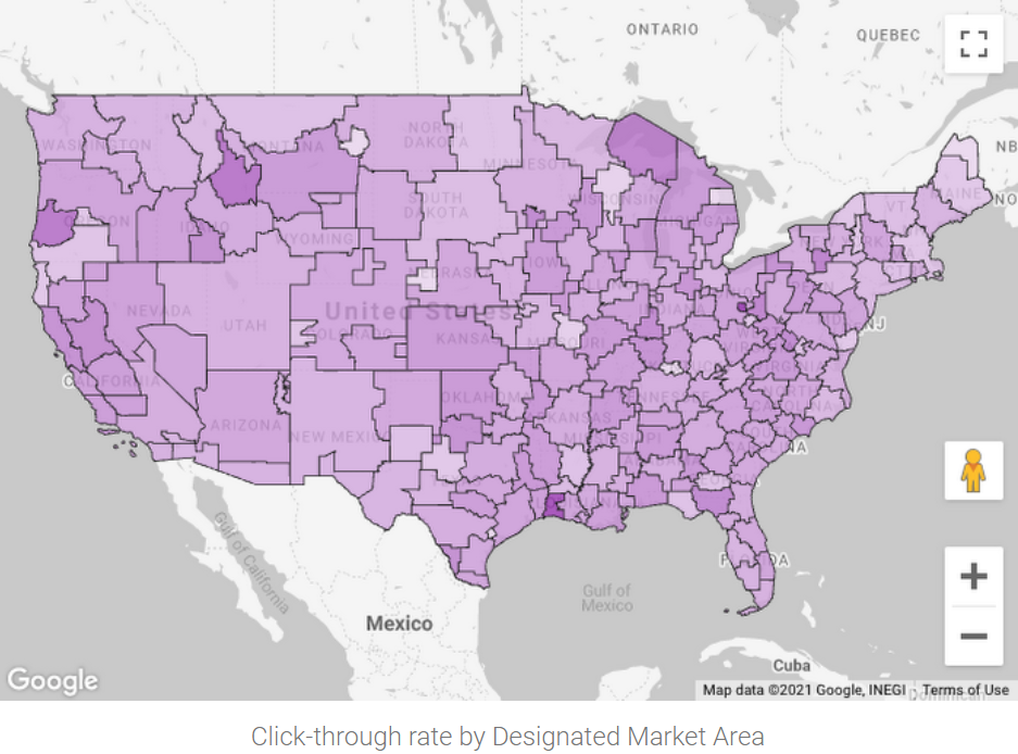 Regiones geográficas visualizadas en Google Data Studio.