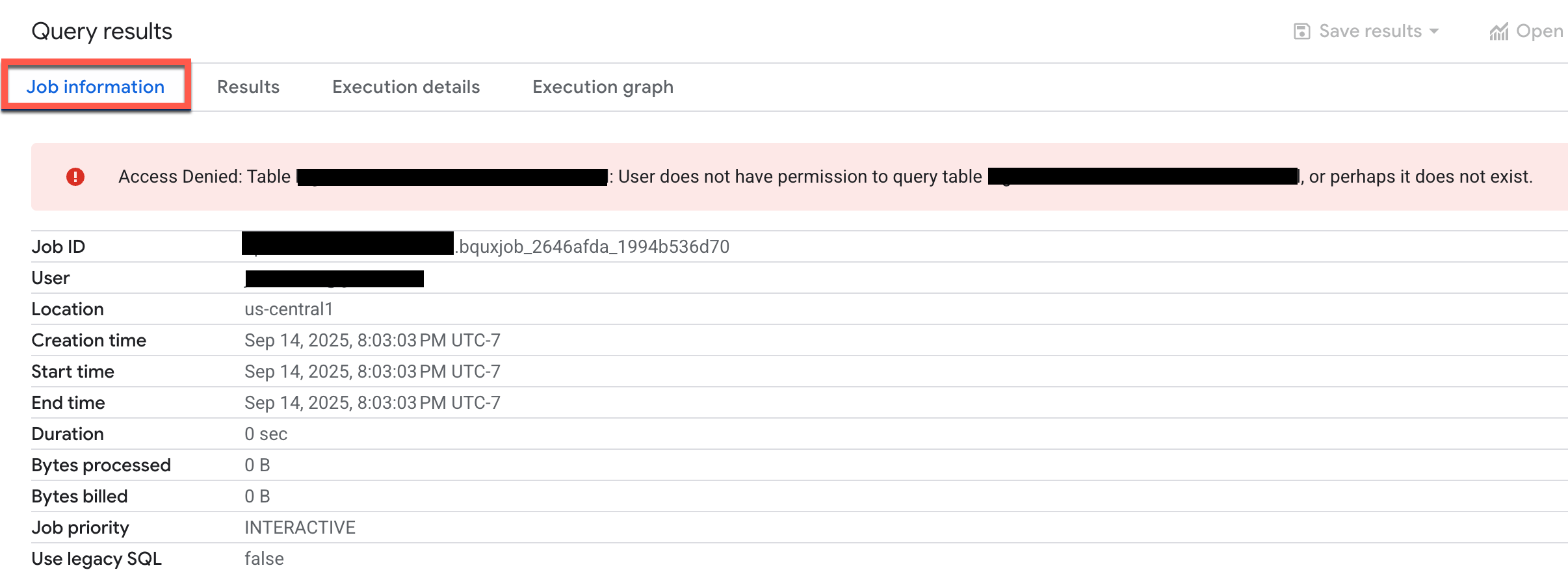 Se produjo un error de acceso denegado en la pestaña Información del trabajo de la sección Resultados de la consulta.