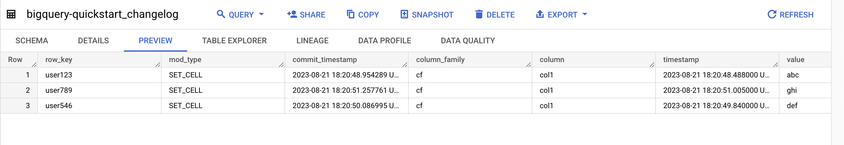 Change log preview in BigQuery