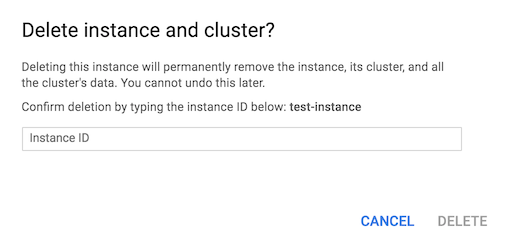Screenshot of the Delete instance dialog