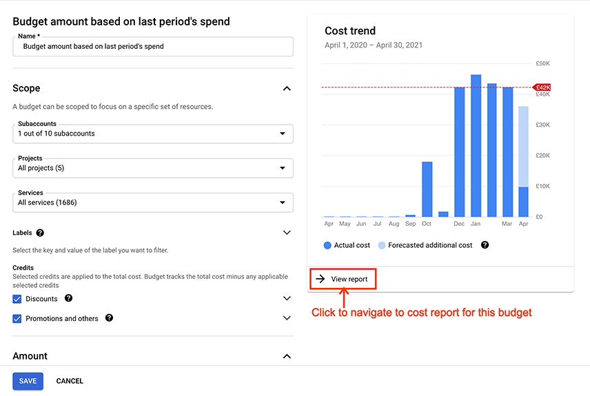 Example of a budget's cost trend chart, viewable when creating or
         editing a budget, showing the link to navigate to the cost report
         page.