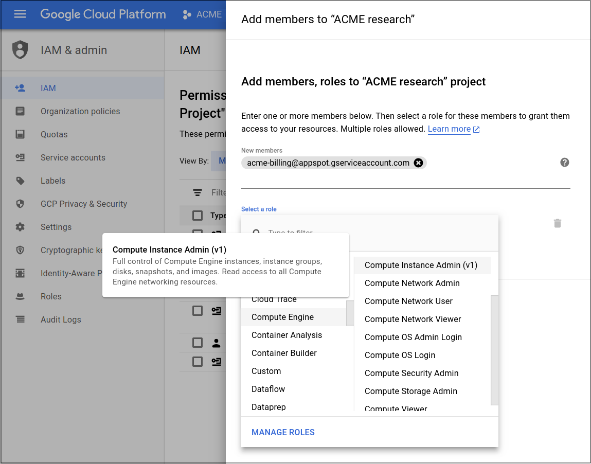 Shows the IAM screen in the Cloud Console,
         where you can set the appropriate permissions for the service account
         running the Cloud Function.