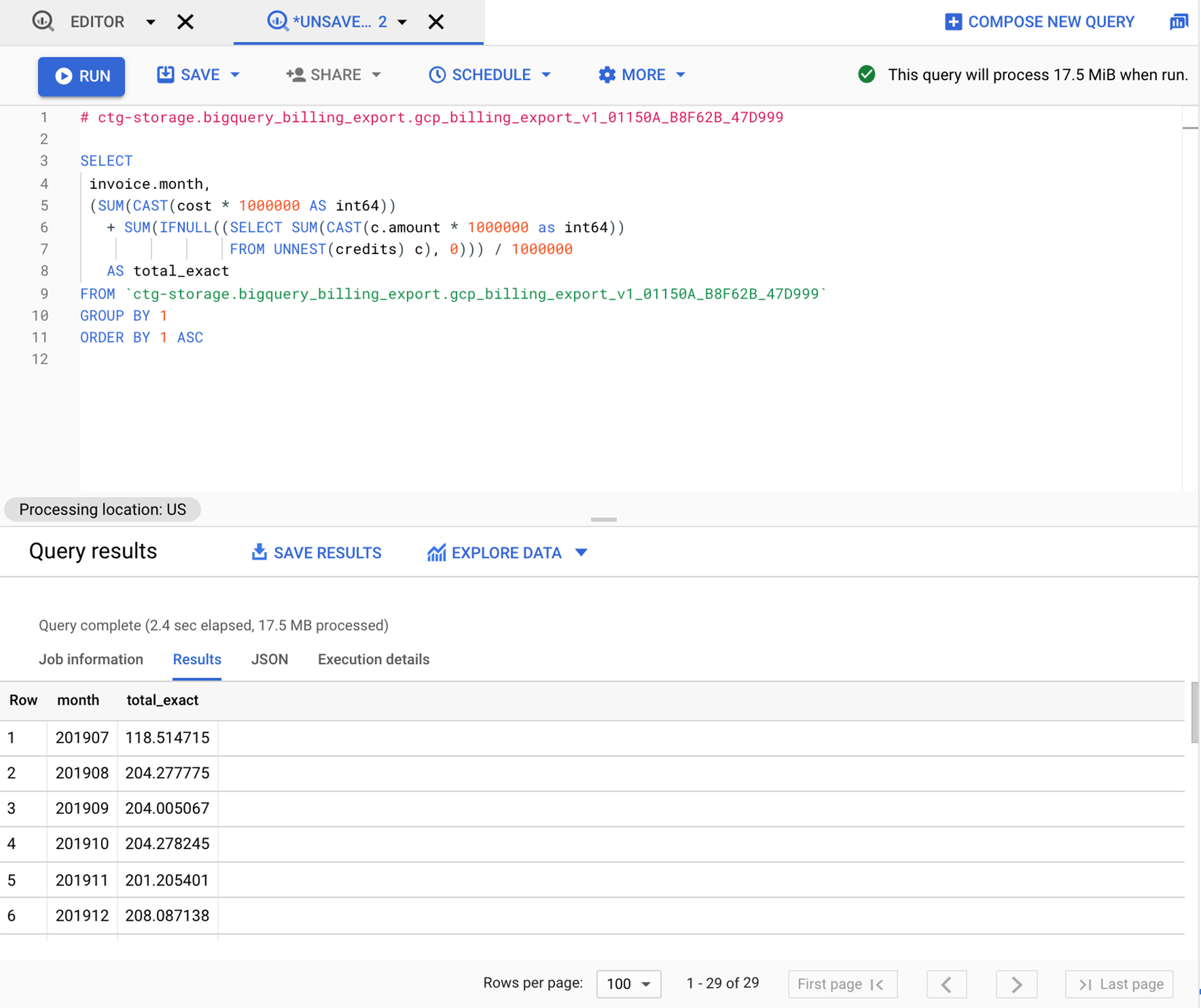 Example BigQuery query page.