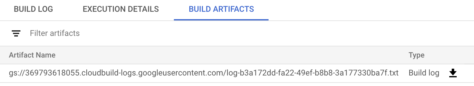 Captura de ecrã dos artefactos de compilação