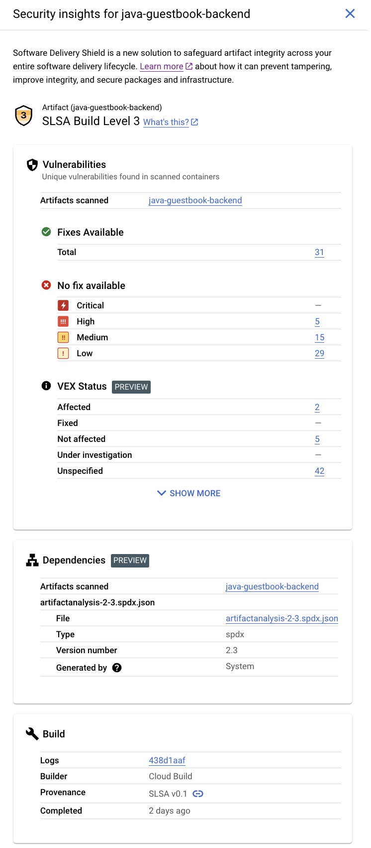 Captura de tela do painel de insights de segurança