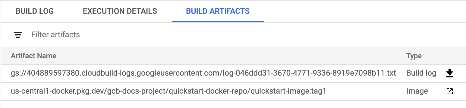 Captura de pantalla de los artefactos de compilación