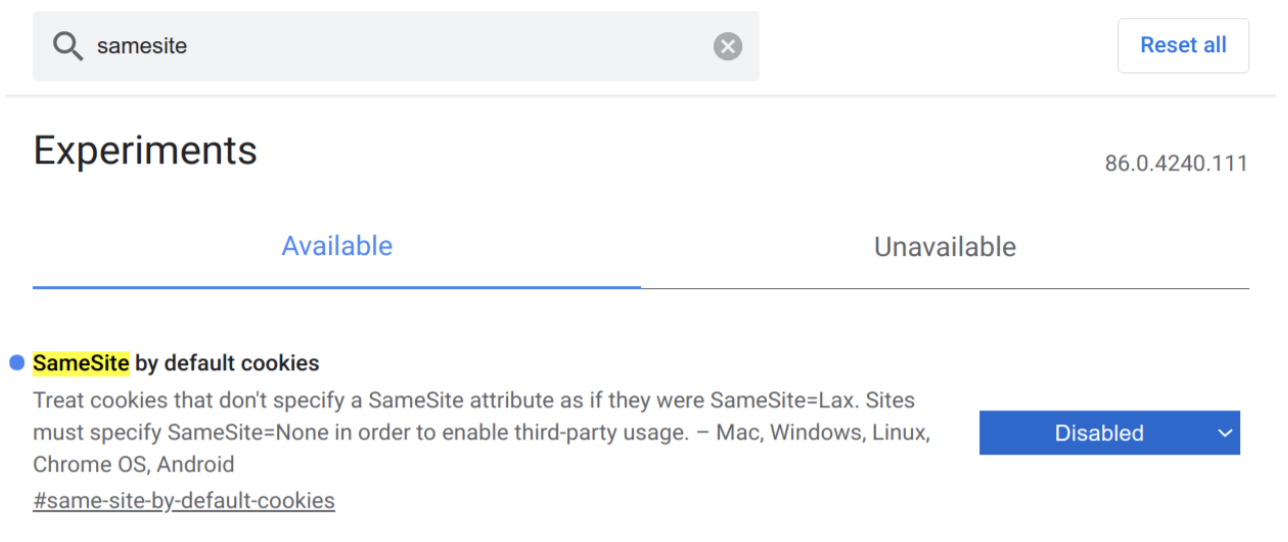 Screenshot of SameSite disabled
