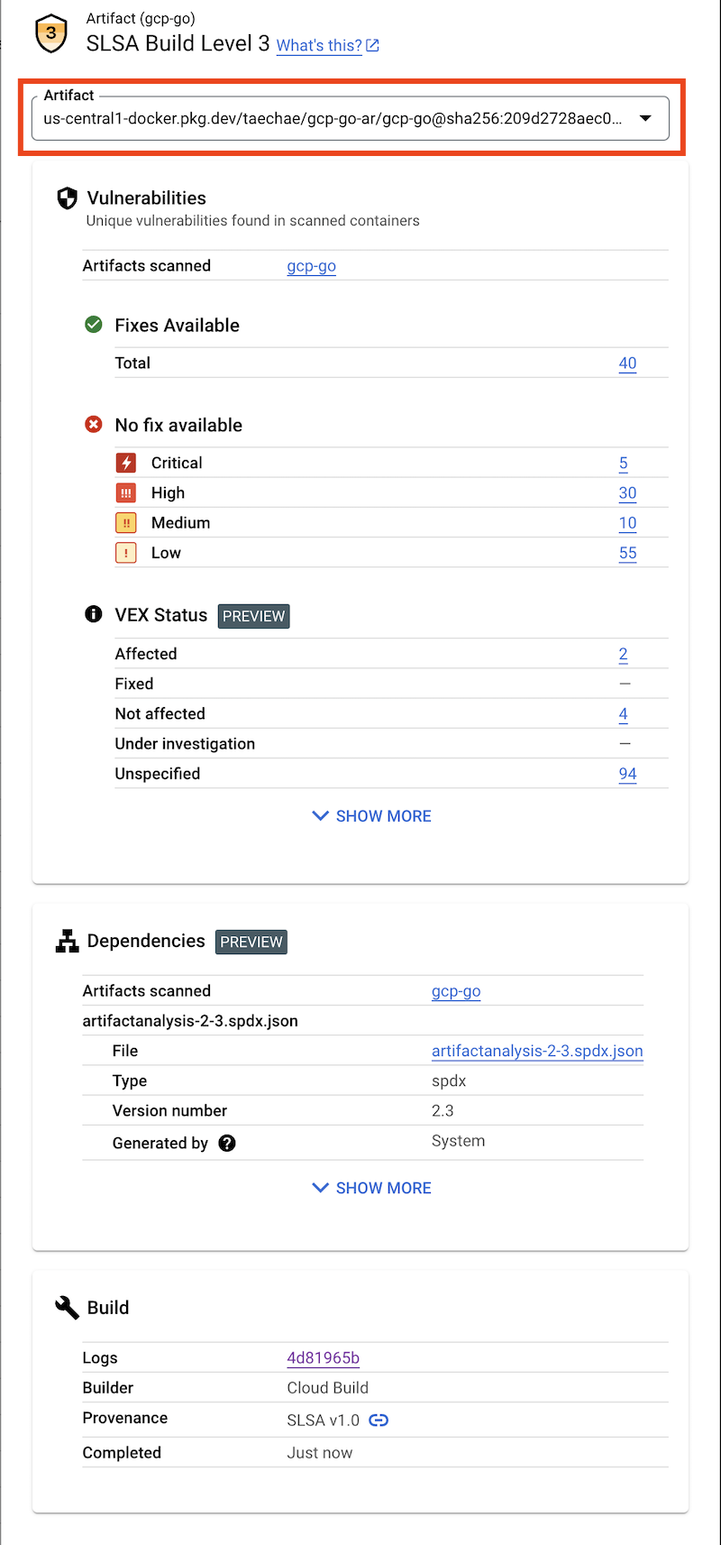 Screenshot of security insights panel for multi-container builds