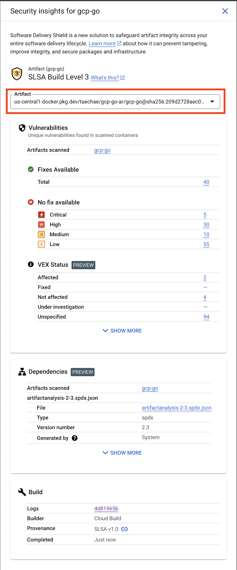 Screenshot del riquadro degli insight sulla sicurezza per le build multi-container