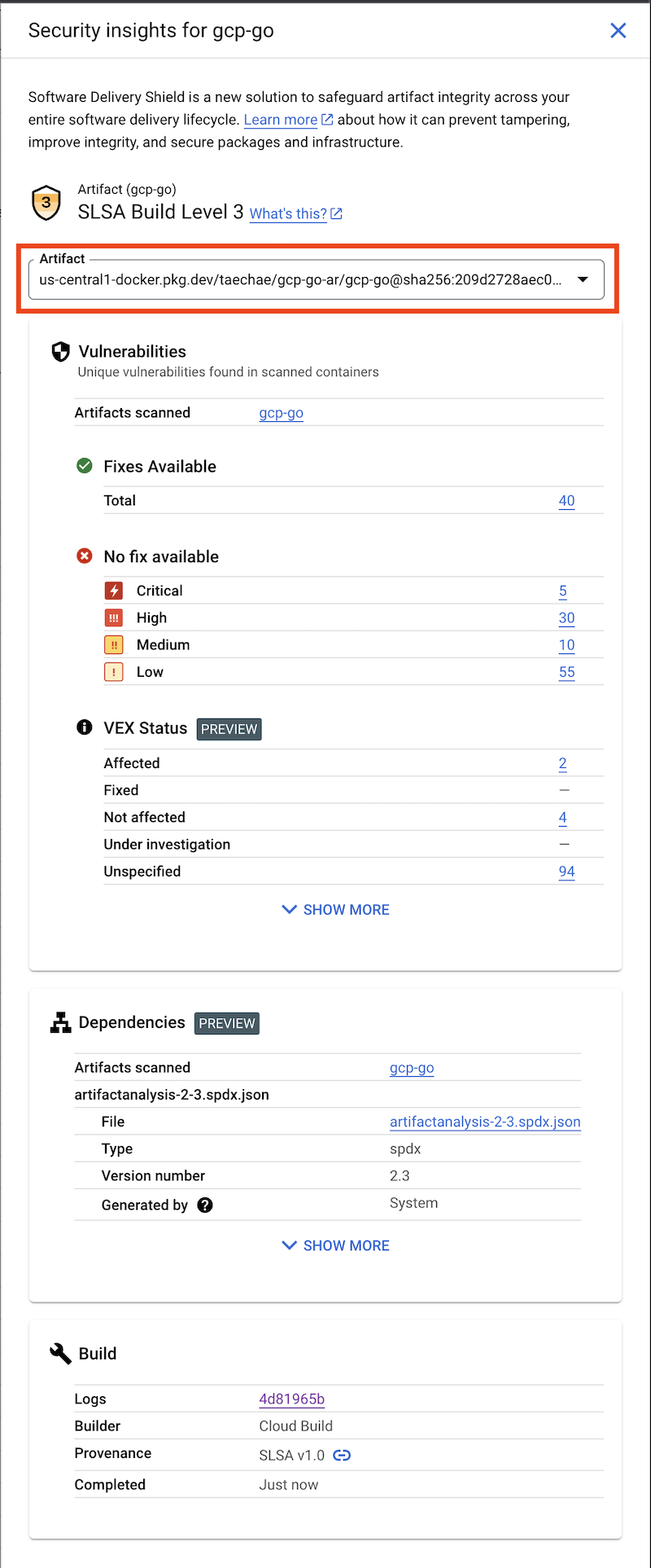 Captura de tela do painel de insights de segurança para builds de vários contêineres