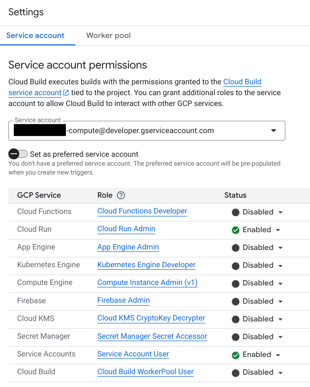 The Service account permissions page.