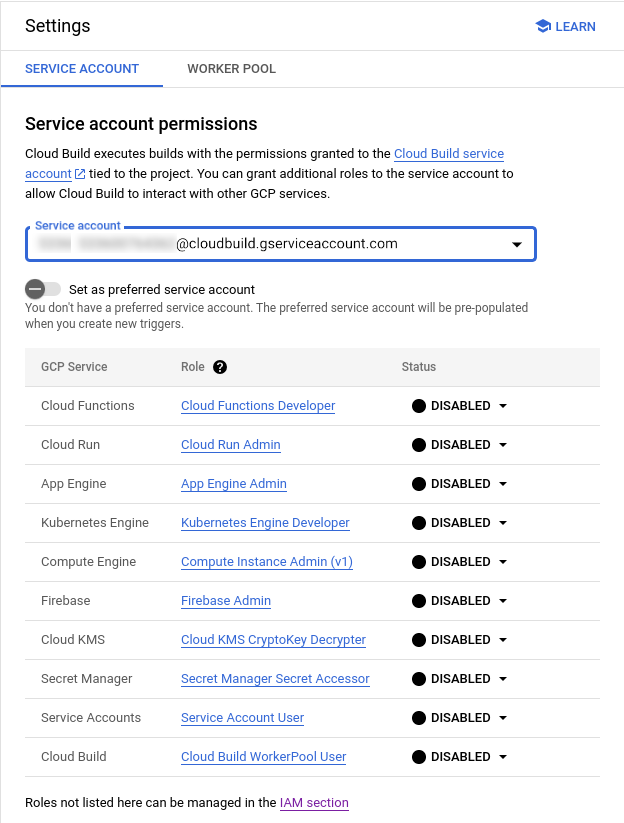 Screenshot della pagina Autorizzazioni account di servizio