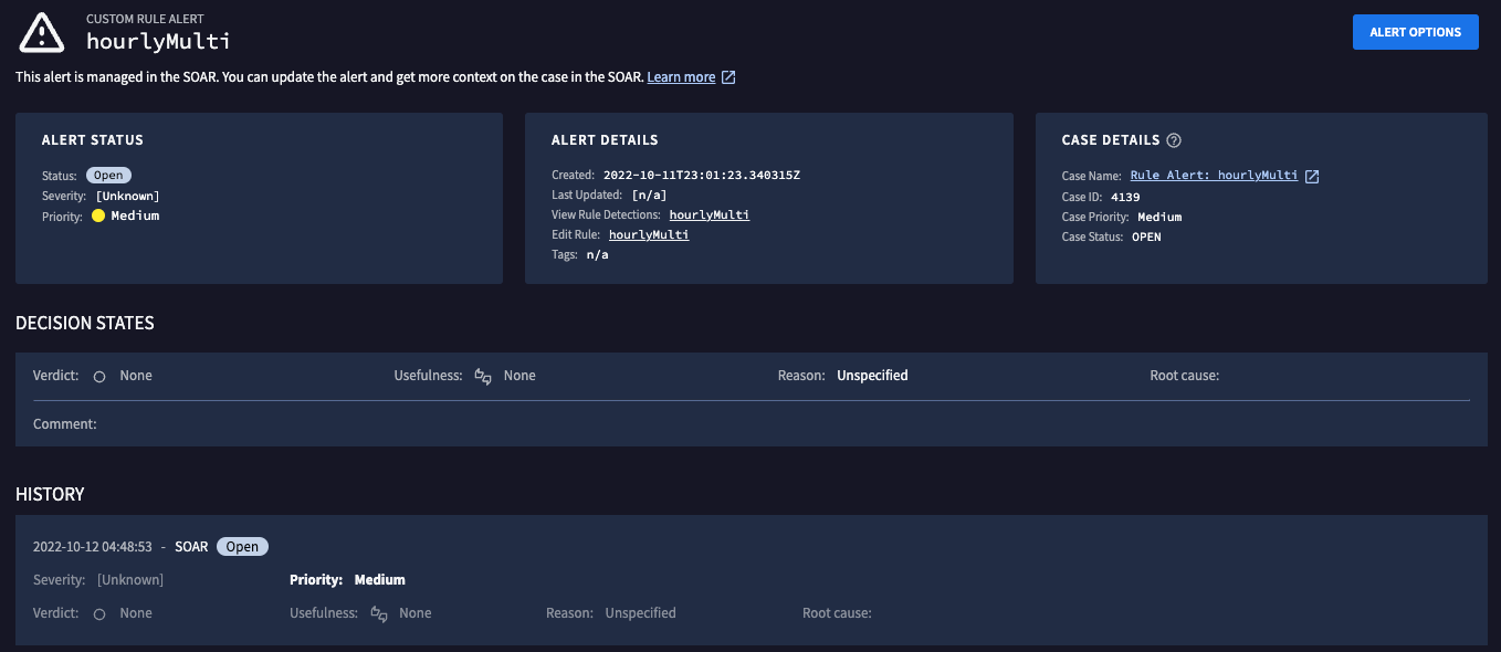 Alerta para caso do SOAR do Google Security Operations